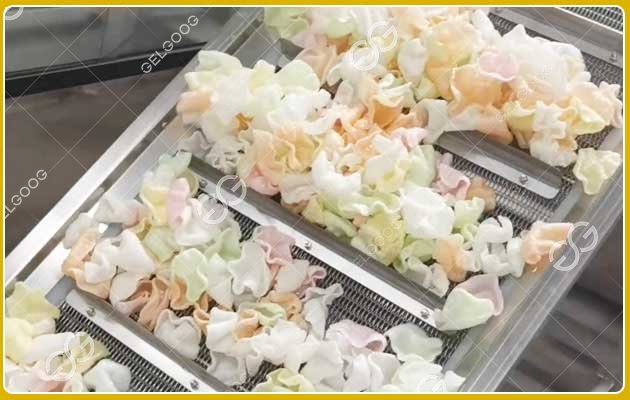 Prueba de línea de fritura de chips de camarones en fábrica